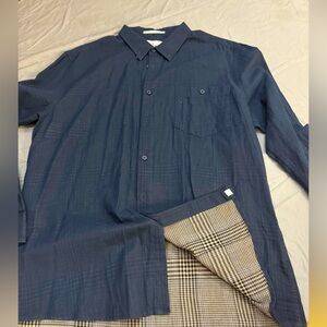 Navy Blue LS Monochrome Plaid Button Down Shirt by Melka in XL